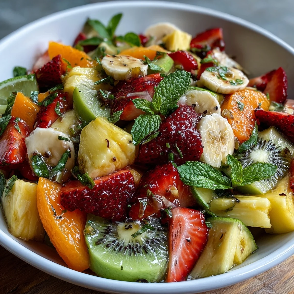 A close-up of Tropical Fruit Salad with Mint Lime Dressing showing sliced bananas and strawberries, drizzled with zesty citrus dressing.