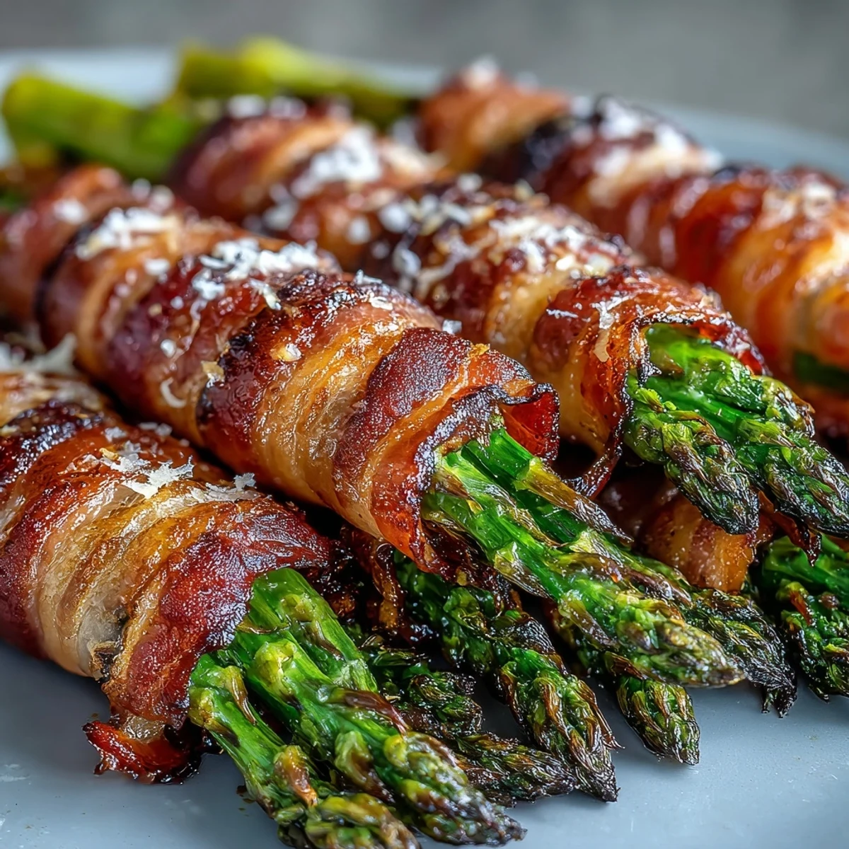 Freshly roasted Keto Bacon-Wrapped Asparagus Bundles with Parmesan, served hot with melted cheese and crispy bacon.