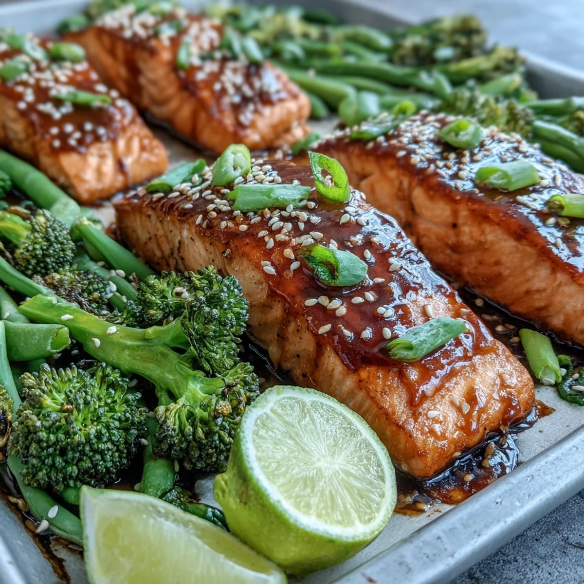 Golden-baked Sheet Pan Teriyaki Salmon fillets glaze with rich sauce alongside bright green broccoli and snap peas.