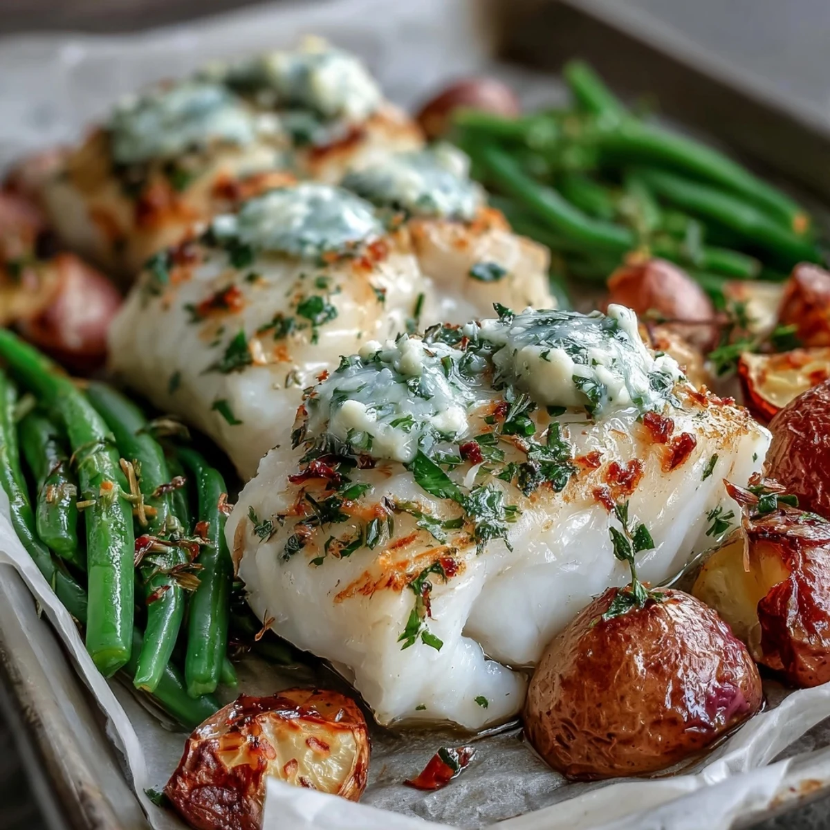 Fragrant garlic herb butter melts over tender, flaky cod fillets, nestled beside golden roasted baby potatoes and vibrant green beans.