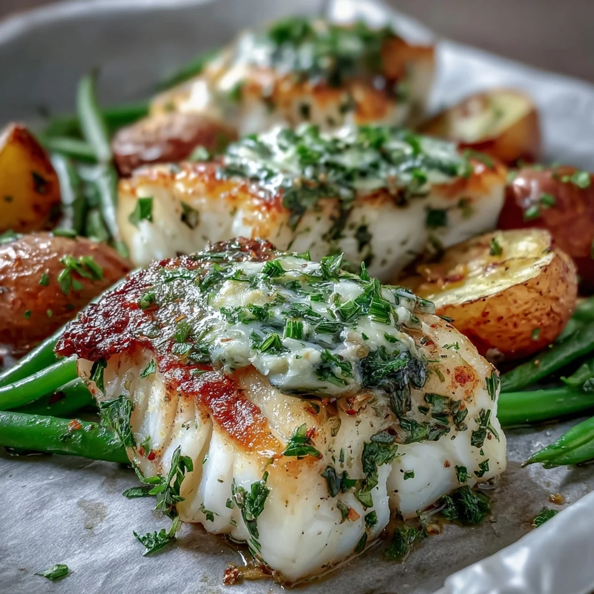 Perfectly baked Garlic Herb Butter Cod, served with crisp green beans and creamy baby potatoes, ready for a wholesome weeknight dinner.