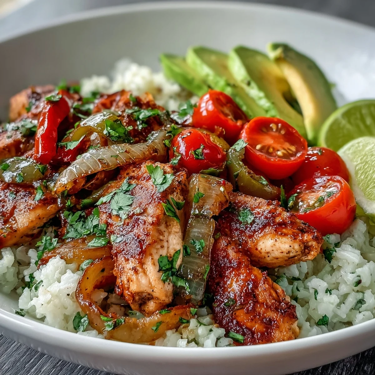 Skinny Chicken Fajita Meal Prep Bowls with Cilantro-Lime Rice feature golden seared chicken and peppers atop fluffy rice with avocado.
