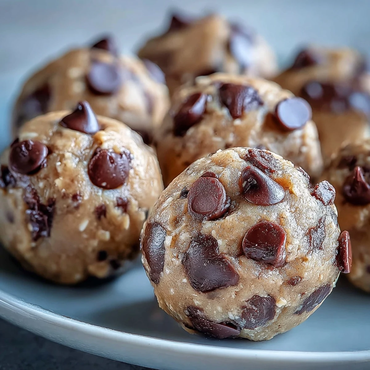 Golden-brown Vegan Chickpea Cookie Dough Bites with dark chocolate chips on a rustic plate.