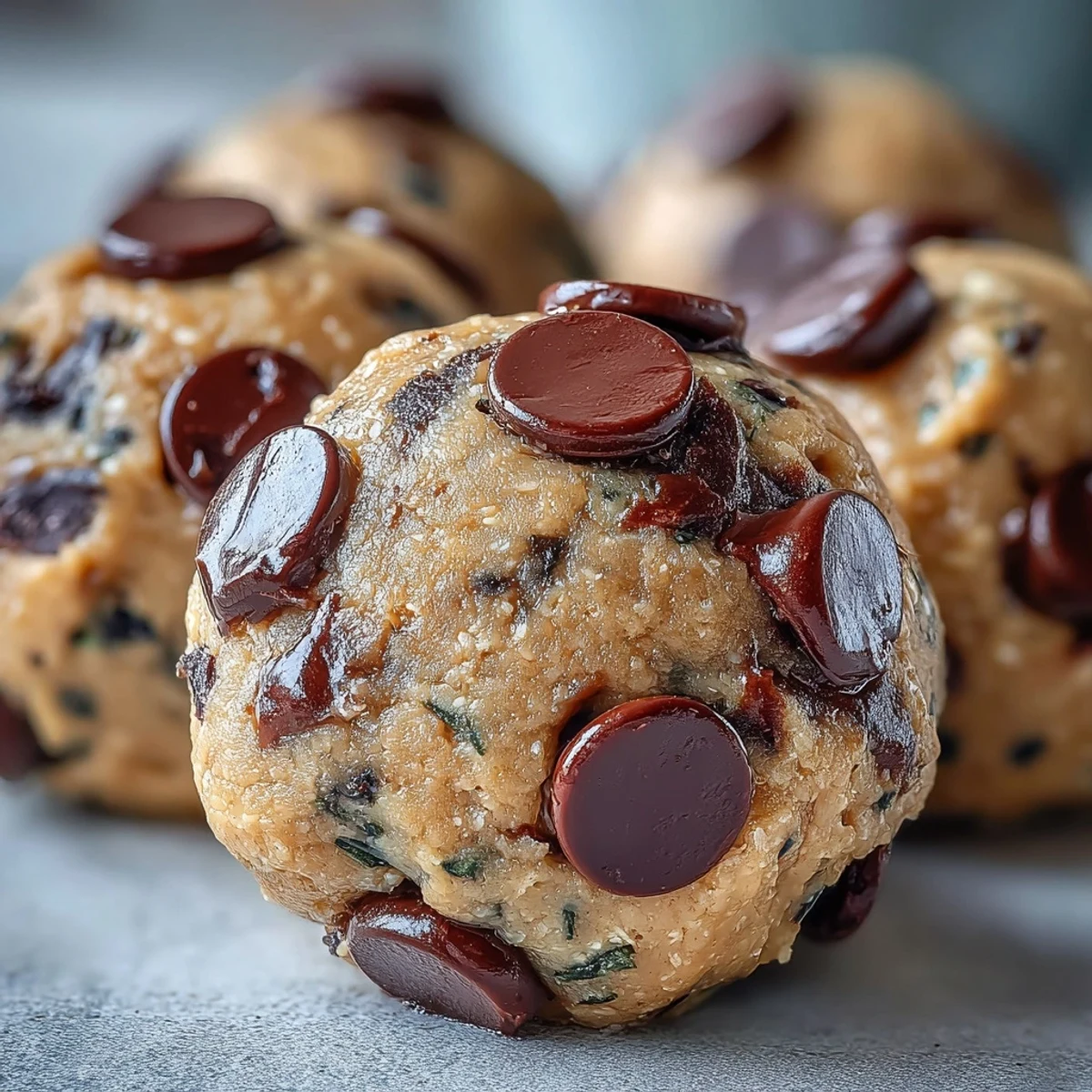 Perfectly rolled Vegan Chickpea Cookie Dough Bites topped with melted dark chocolate chips.