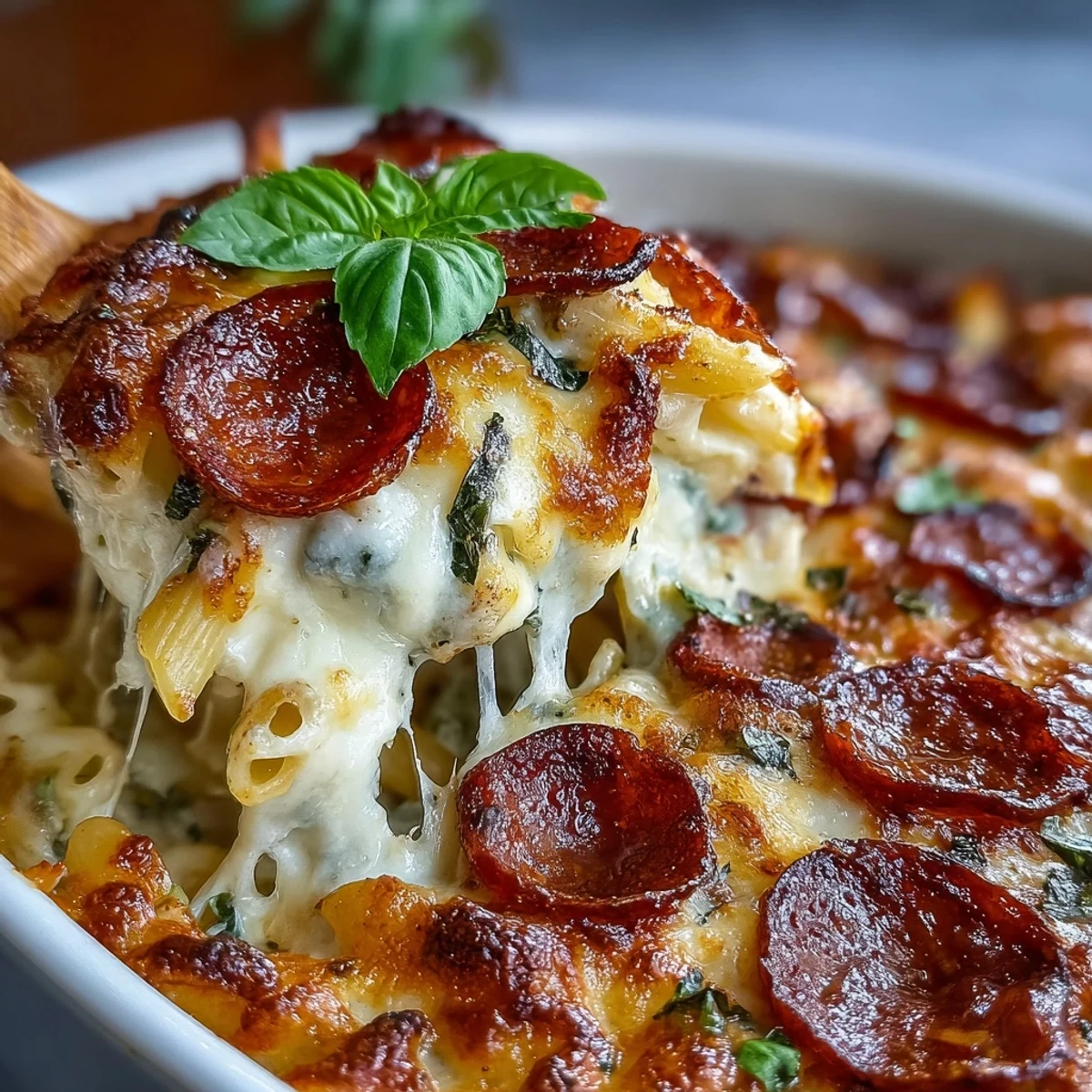 High-protein pizza pasta bake with lean beef, pepperoni, and creamy Greek yogurt sauce, baked until golden and bubbly.  
