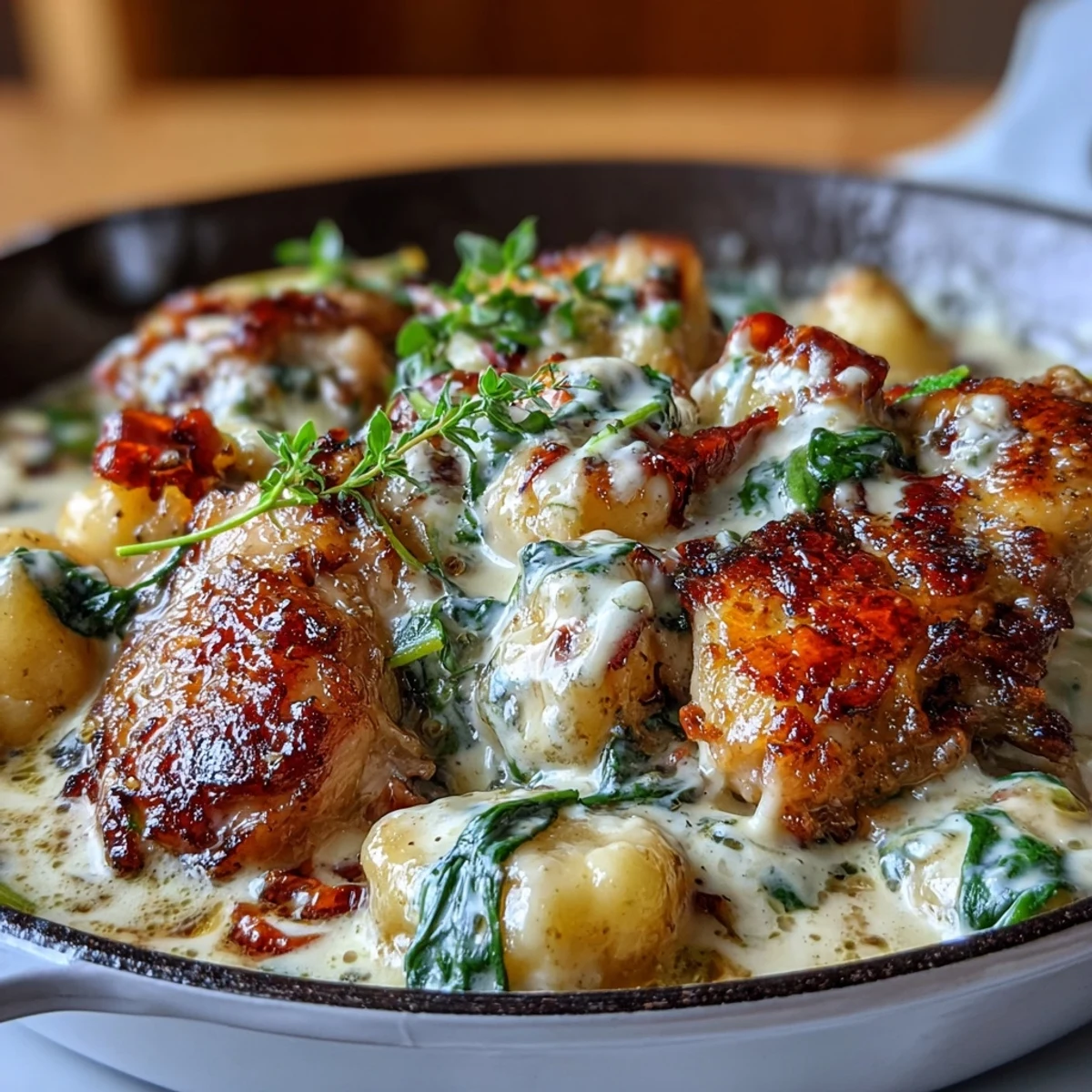 Creamy garlic chicken gnocchi skillet with tender chicken thighs and spinach in a rich Parmesan sauce.  