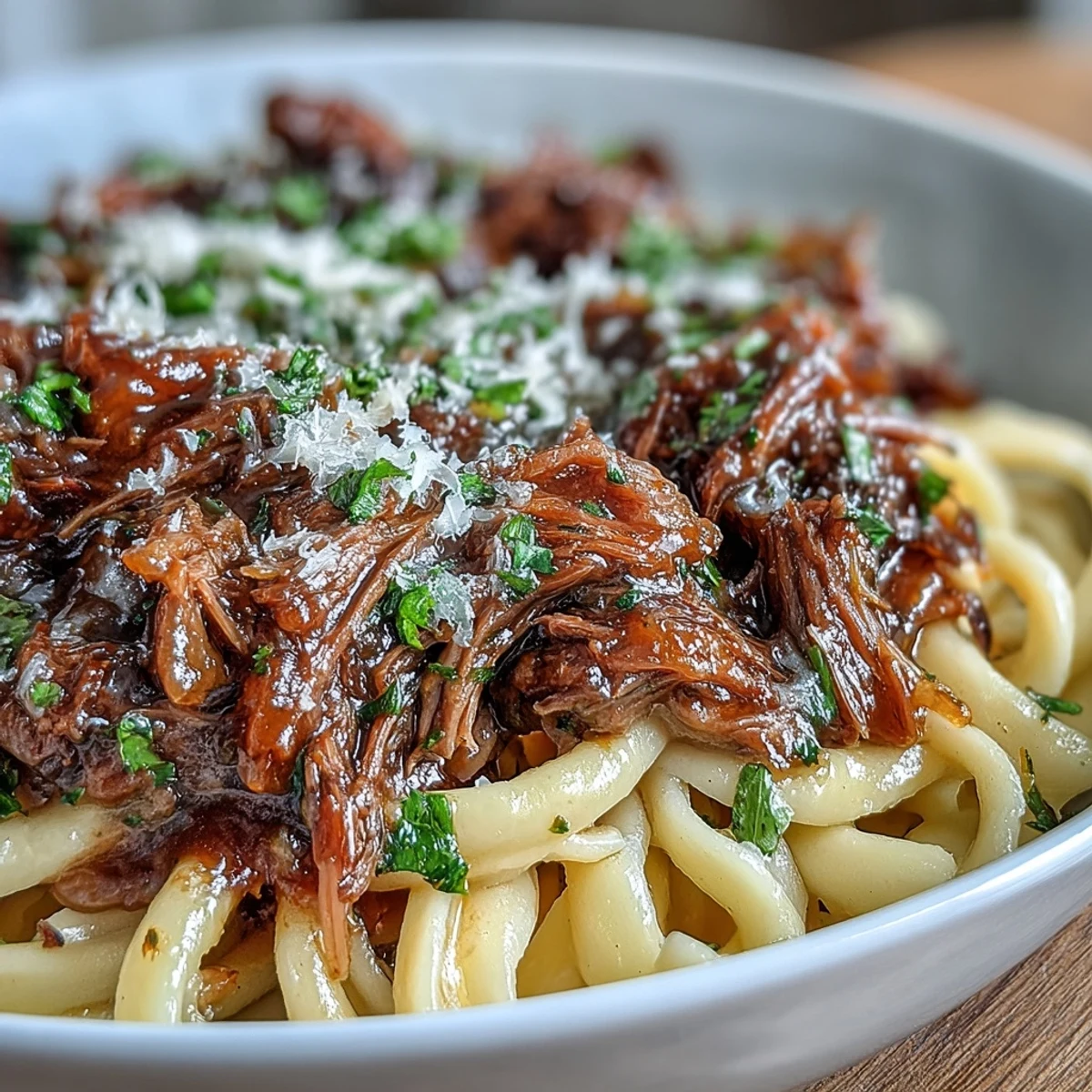 Rich and comforting crockpot French onion pot roast pasta with melted Gruyère cheese and fresh parsley garnish.  