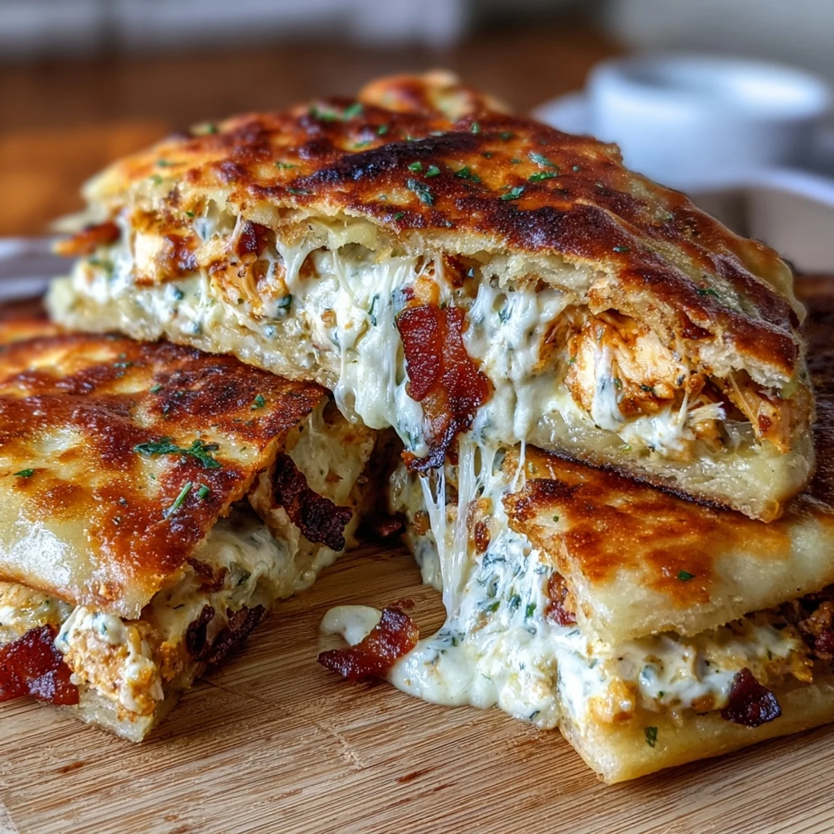 Crispy bacon and creamy ranch chicken ooze from golden naan bread, delivering a cheesy, flavor-packed handheld meal.