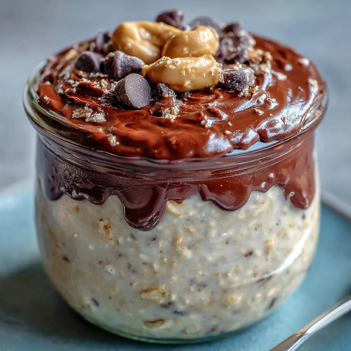 Velvety overnight oats layered with rich cocoa ganache and mini chocolate chips, inspired by the classic peanut butter cup flavor combination.