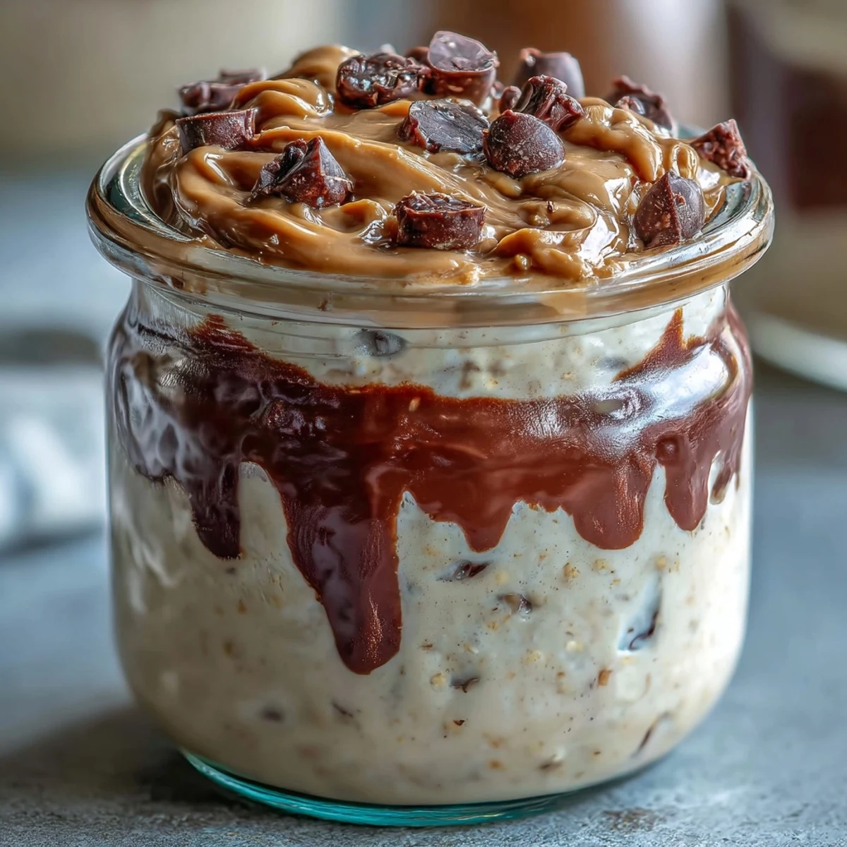 High-protein peanut butter cup overnight oats topped with chopped peanuts and chocolate chips for a satisfying, healthy breakfast treat.
