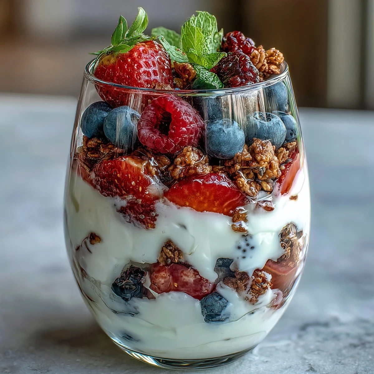 10-Minute Greek Yogurt Berry Parfait with Granola Crumble, featuring creamy yogurt, fresh berries, and crunchy granola, layered for a nutritious breakfast treat.