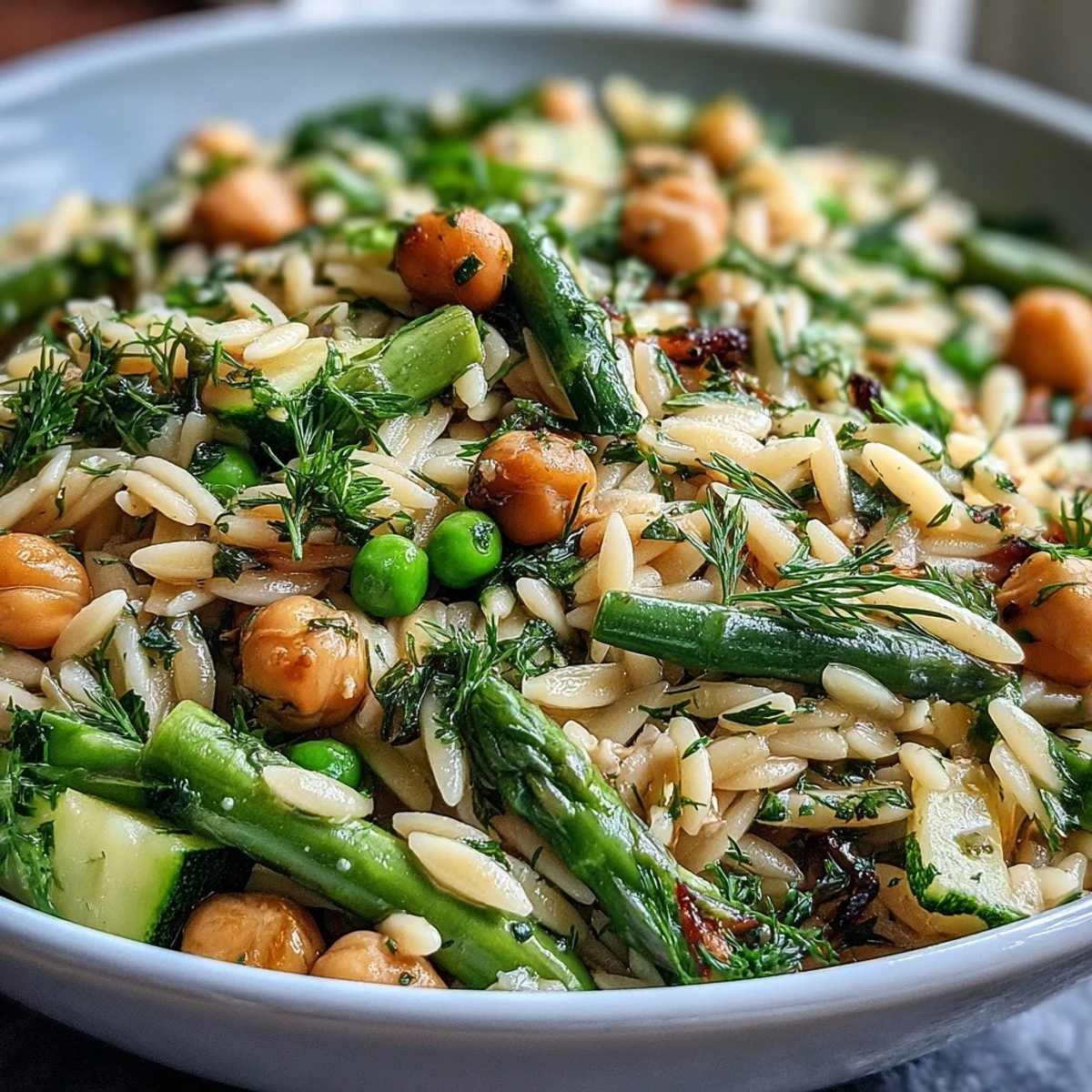 One-Pot Lemon Herb Orzo with Chickpeas and Spring Veggies in a vibrant skillet, bursting with fresh asparagus, zucchini, and spinach.  