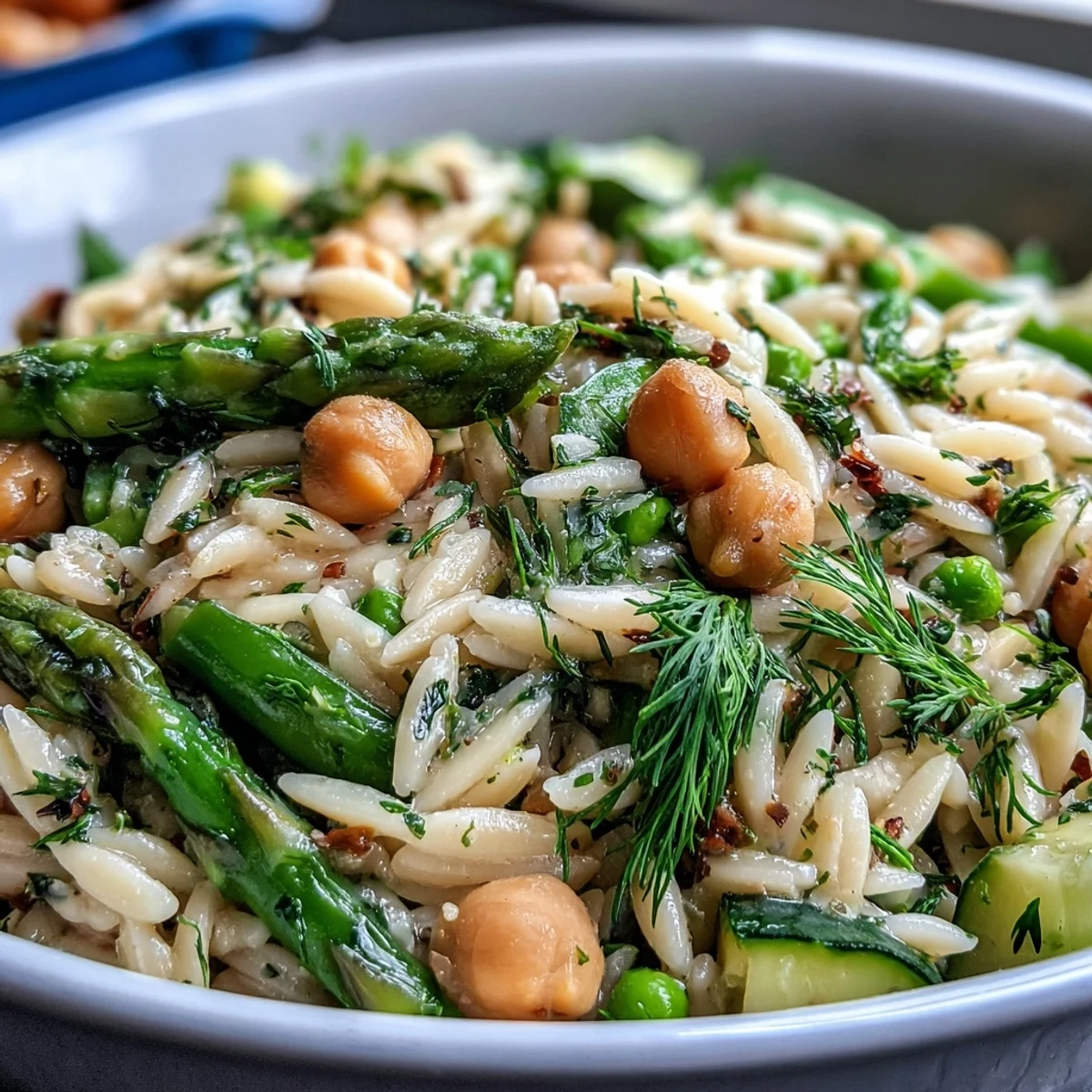 Creamy one-pot lemon herb orzo dish with chickpeas and colorful spring vegetables, garnished with fresh parsley and dill.  