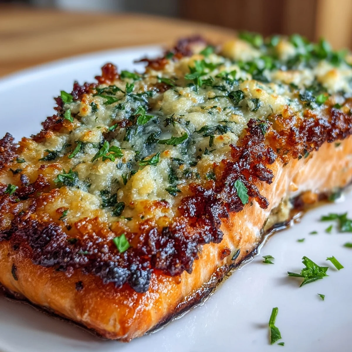 Keto Garlic Parmesan Salmon with Roasted Broccoli and Lemon Wedges on a baking sheet, golden crusted salmon fillets beside vibrant green broccoli and fresh lemon wedges.