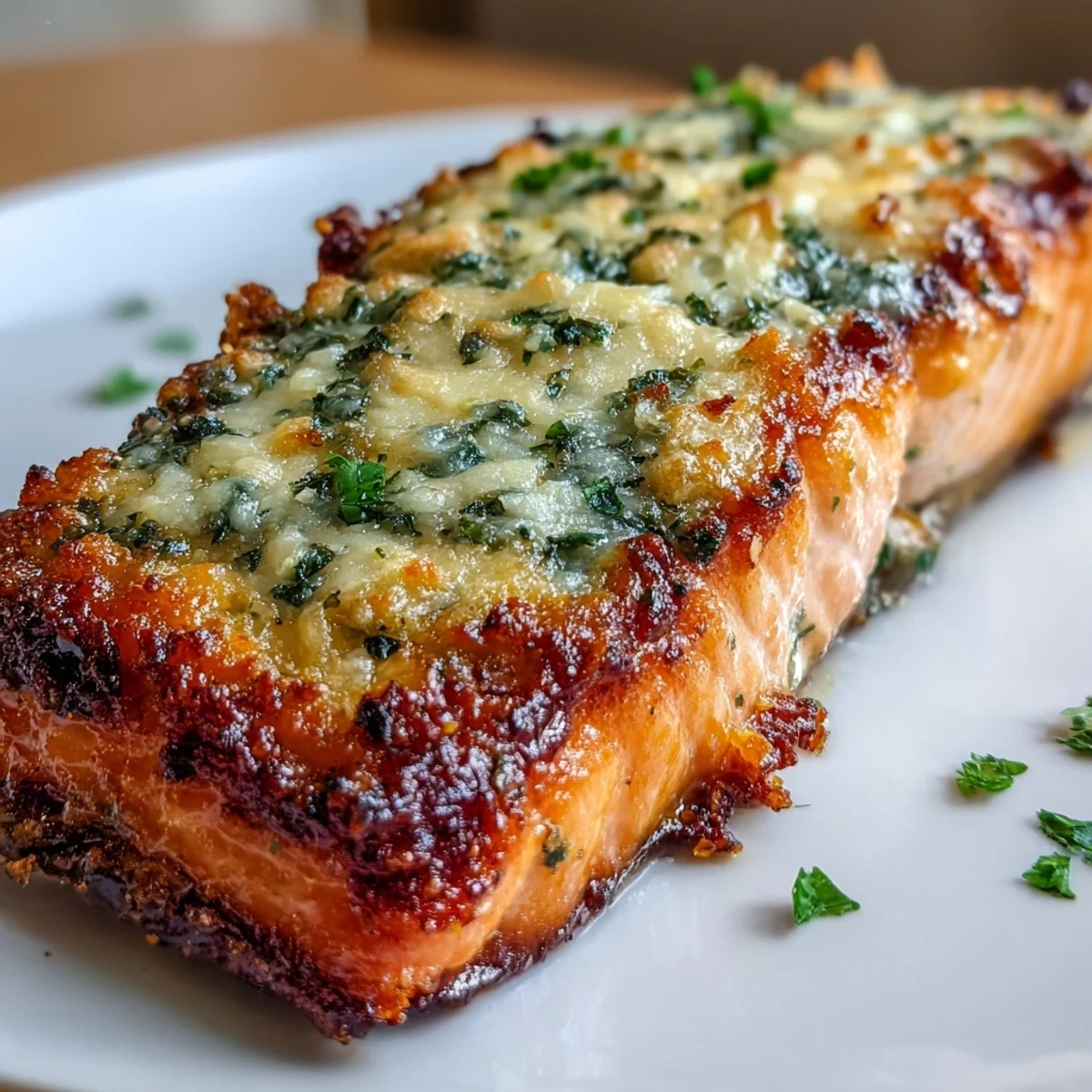 Tender salmon fillets baked with savory garlic-Parmesan crust, served with crispy roasted broccoli and bright lemon wedges for a low-carb dinner.