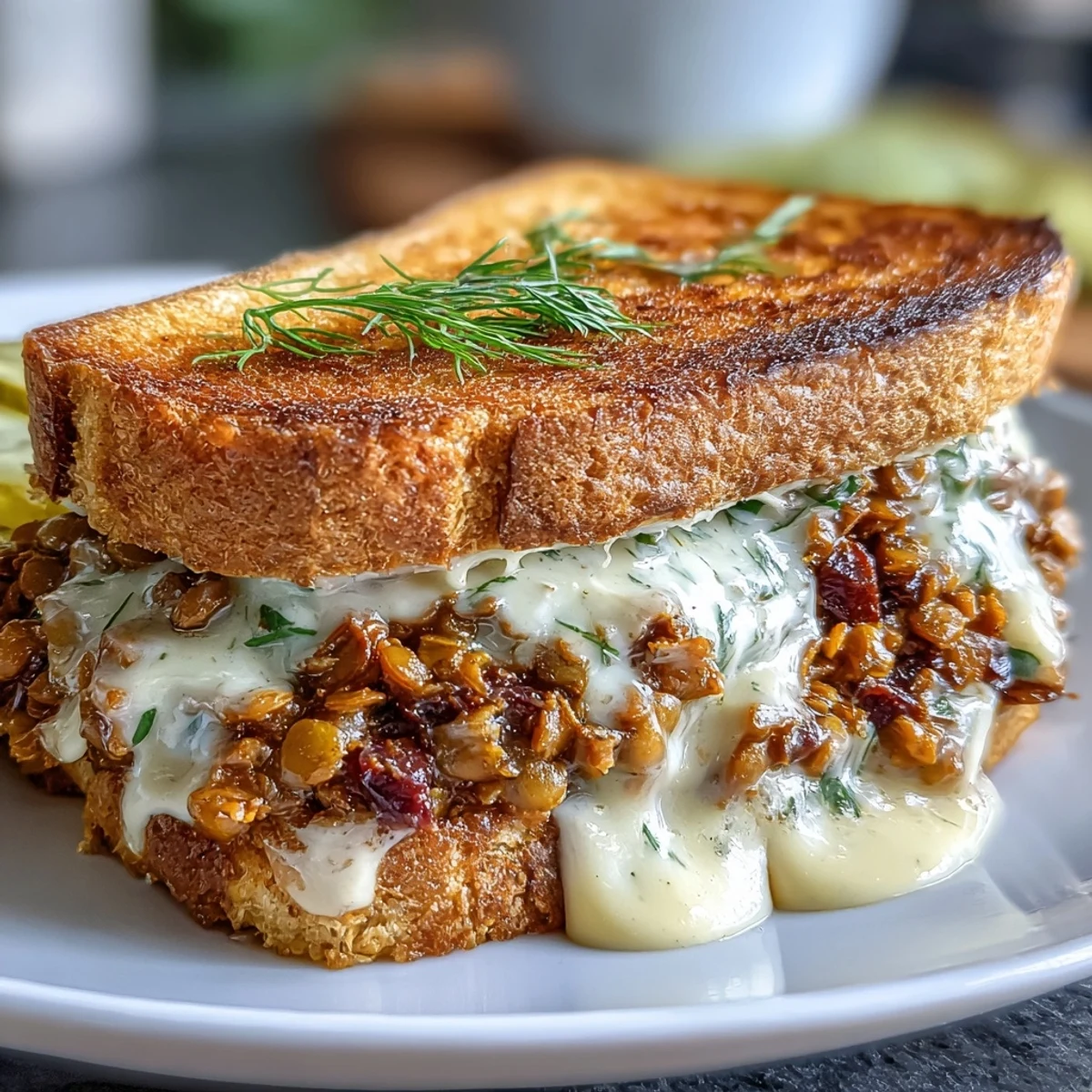 Vegan Cheeseburger Lentil Sloppy Joes served over toasted sourdough with creamy dairy-free cheese sauce and fresh toppings.  