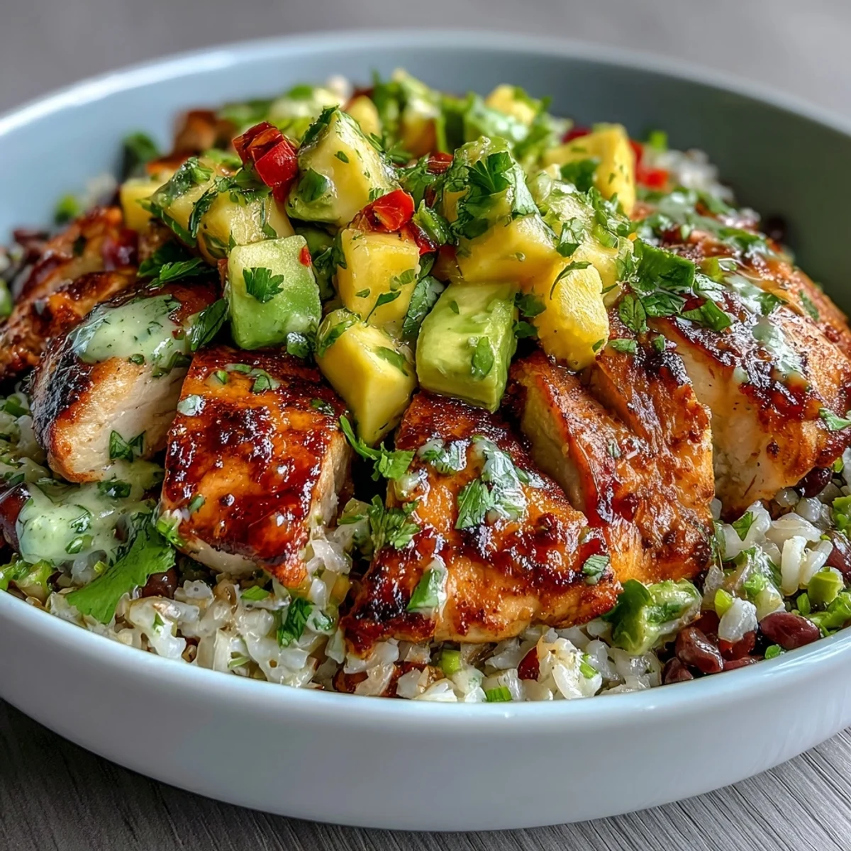 Mango Avocado Salsa Chicken Bowls with Brown Rice and Black Beans: Fresh, zesty dish combining smoky grilled chicken, bright mango-avocado salsa, and savory black beans atop a bed of nutty brown rice.