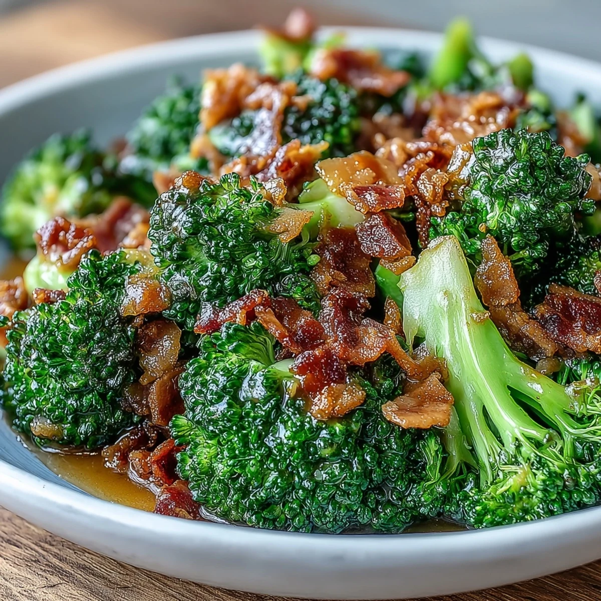 A vibrant plate of broccoli with garlic sauce and crispy bacon, perfect for an easy weeknight side dish.  