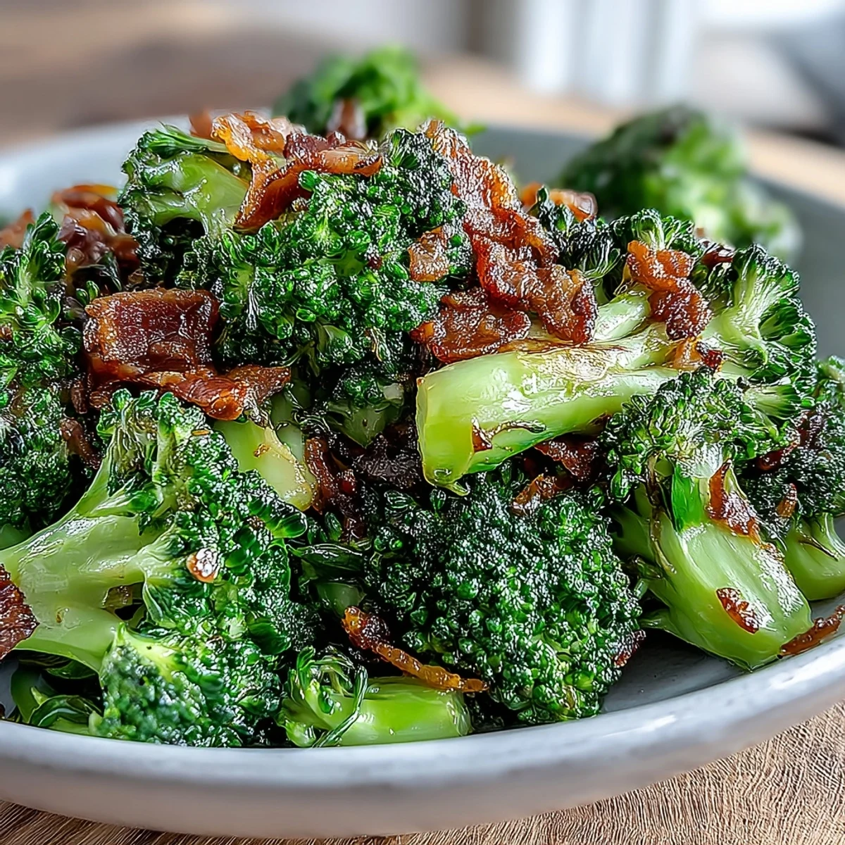 Tender broccoli florets tossed in savory garlic sauce, topped with crunchy bacon bits for a satisfying texture contrast.  