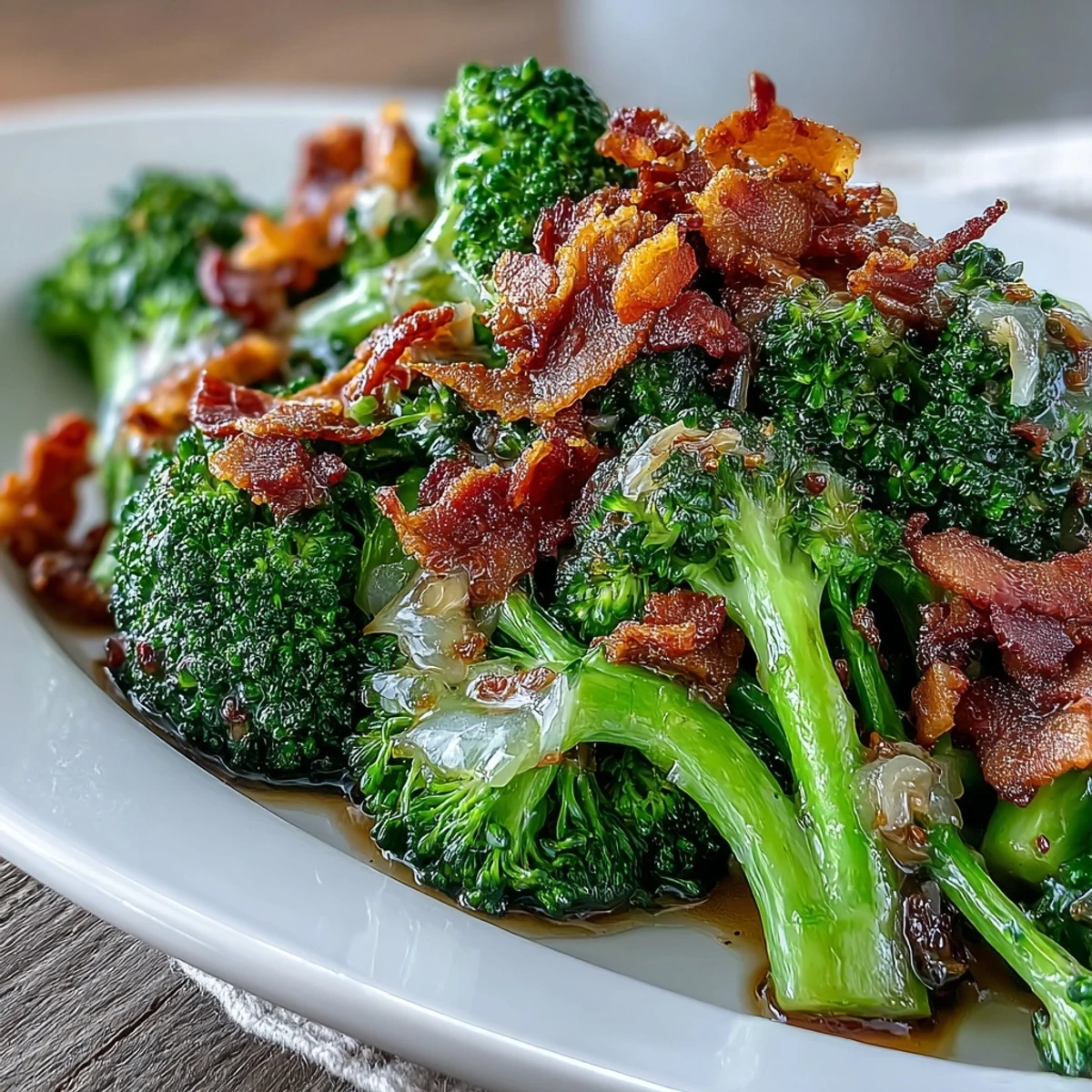 Savory garlic sauce coats fresh broccoli, enhanced with crispy bacon for a flavorful and hearty Asian-inspired side.