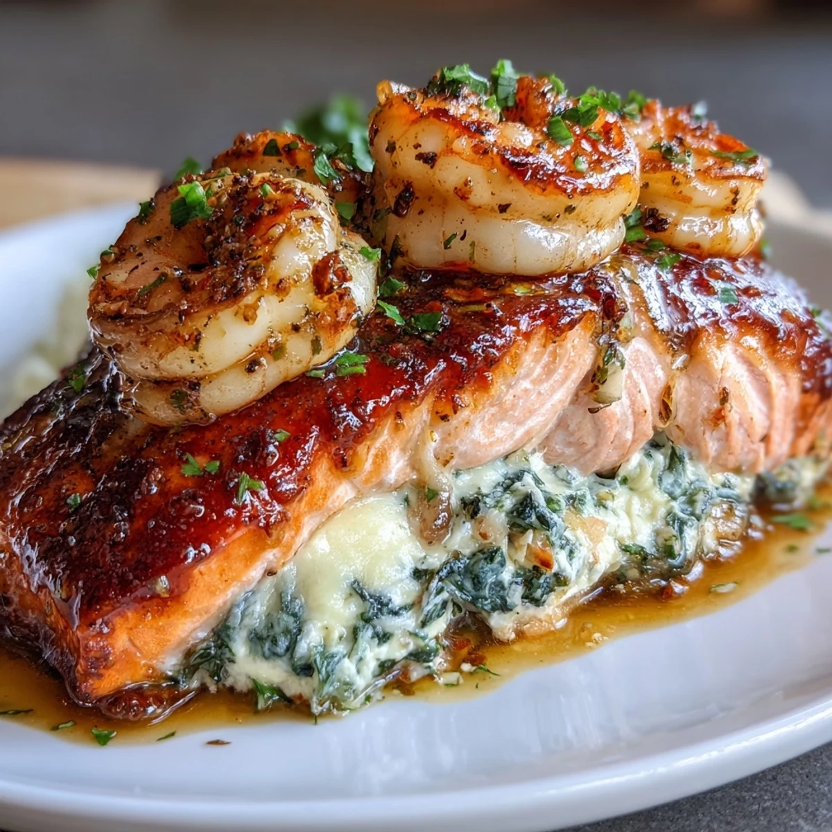 Luscious salmon fillets stuffed with crab, shrimp, and spinach, topped with seasoned shrimp and baked to restaurant-quality perfection.