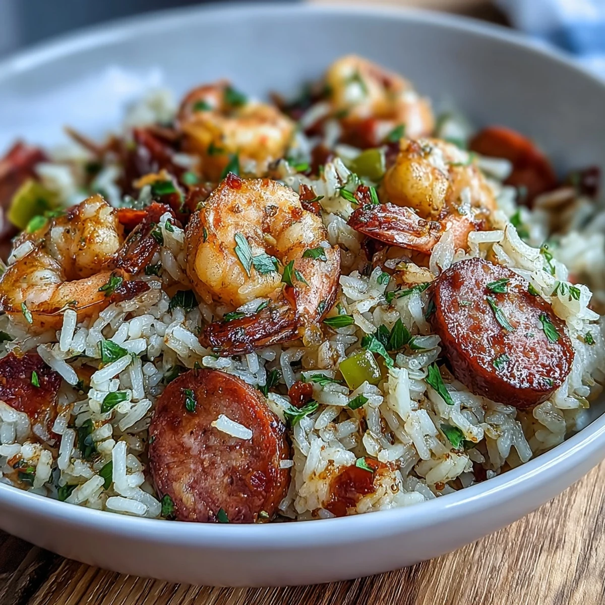 Hearty Cajun dirty rice loaded with spiced sausage, tender shrimp, and aromatic vegetables, served steaming hot.  