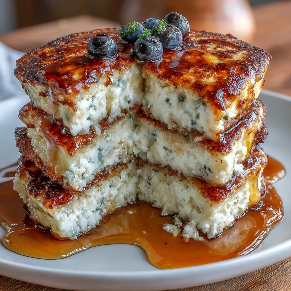 Light and protein-packed cottage cheese pancakes topped with maple syrup and a sprinkle of cinnamon.