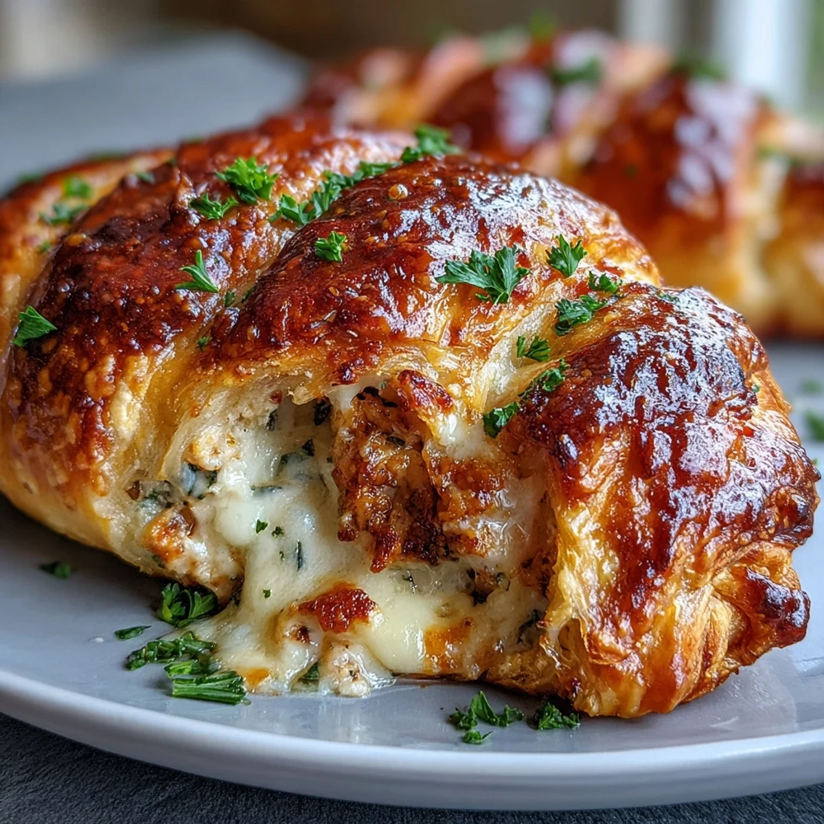 Flaky crescent dough pillows stuffed with seasoned chicken and melted mozzarella, drizzled with savory garlic Parmesan butter.