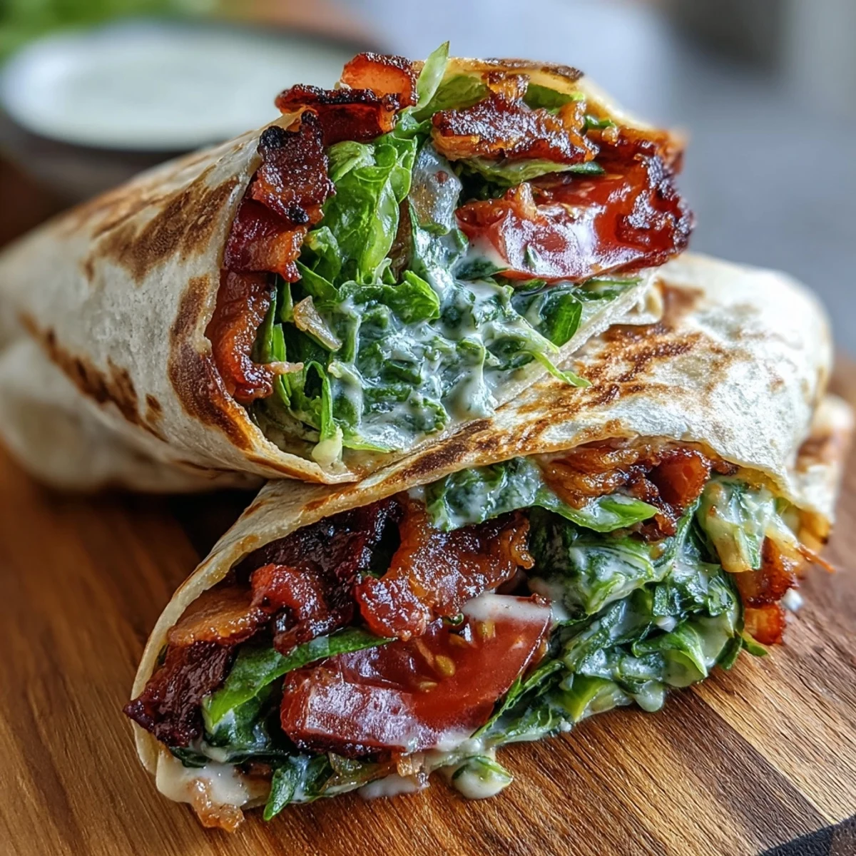 Gourmet BLT Wraps with Secret Sauce served on a wooden board, filled with crispy bacon, marinated tomatoes, and fresh lettuce.
