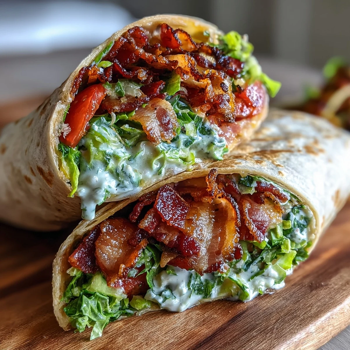 Close-up of a rolled BLT wrap with a creamy secret sauce, showcasing layers of bacon, lettuce, and juicy tomatoes.
