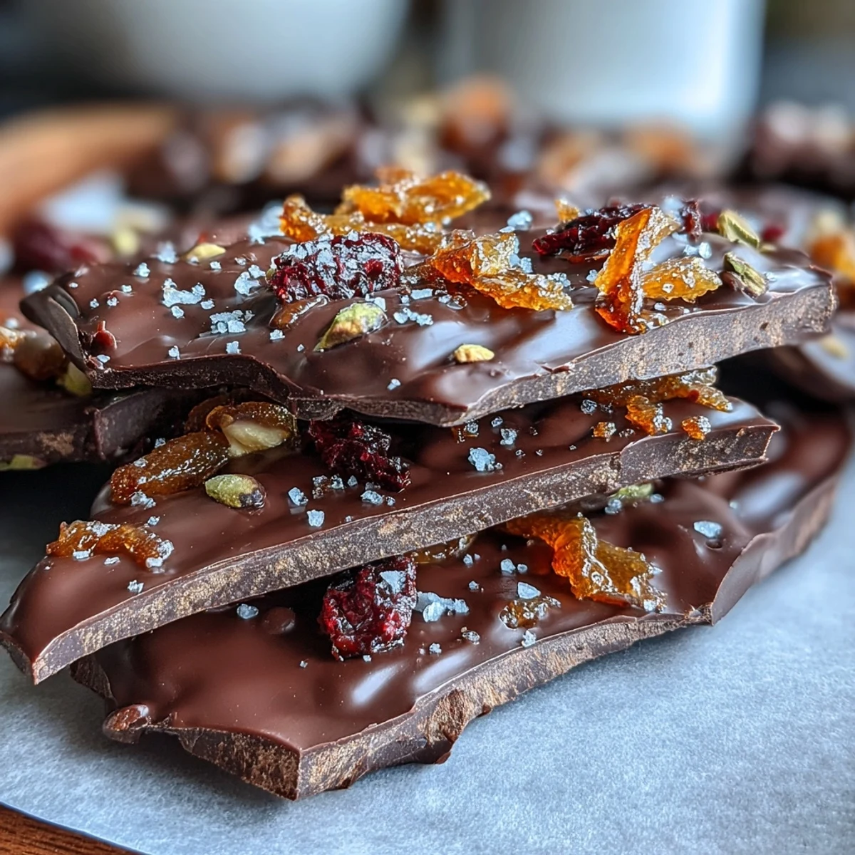 Decadent dark chocolate bark with vibrant candied orange peel, perfect for Valentine's Day gifting or elegant dessert platters.  
