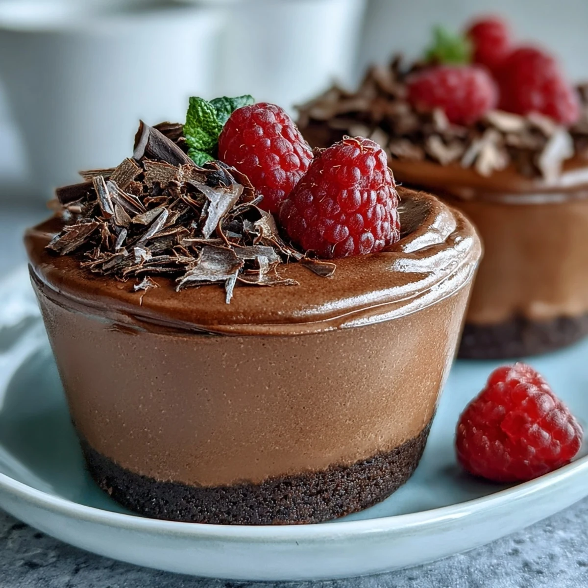 Rich chocolate cottage cheese mousse cups layered in individual servings, topped with fresh berries and chocolate shavings for a protein-packed dessert.  