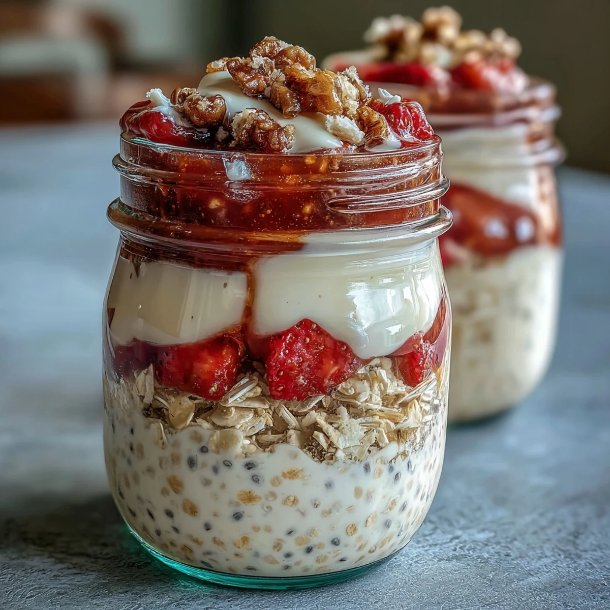 Make-ahead strawberry cheesecake overnight oats in glass jars, combining rolled oats, cream cheese, and fresh fruit for a delicious morning treat.