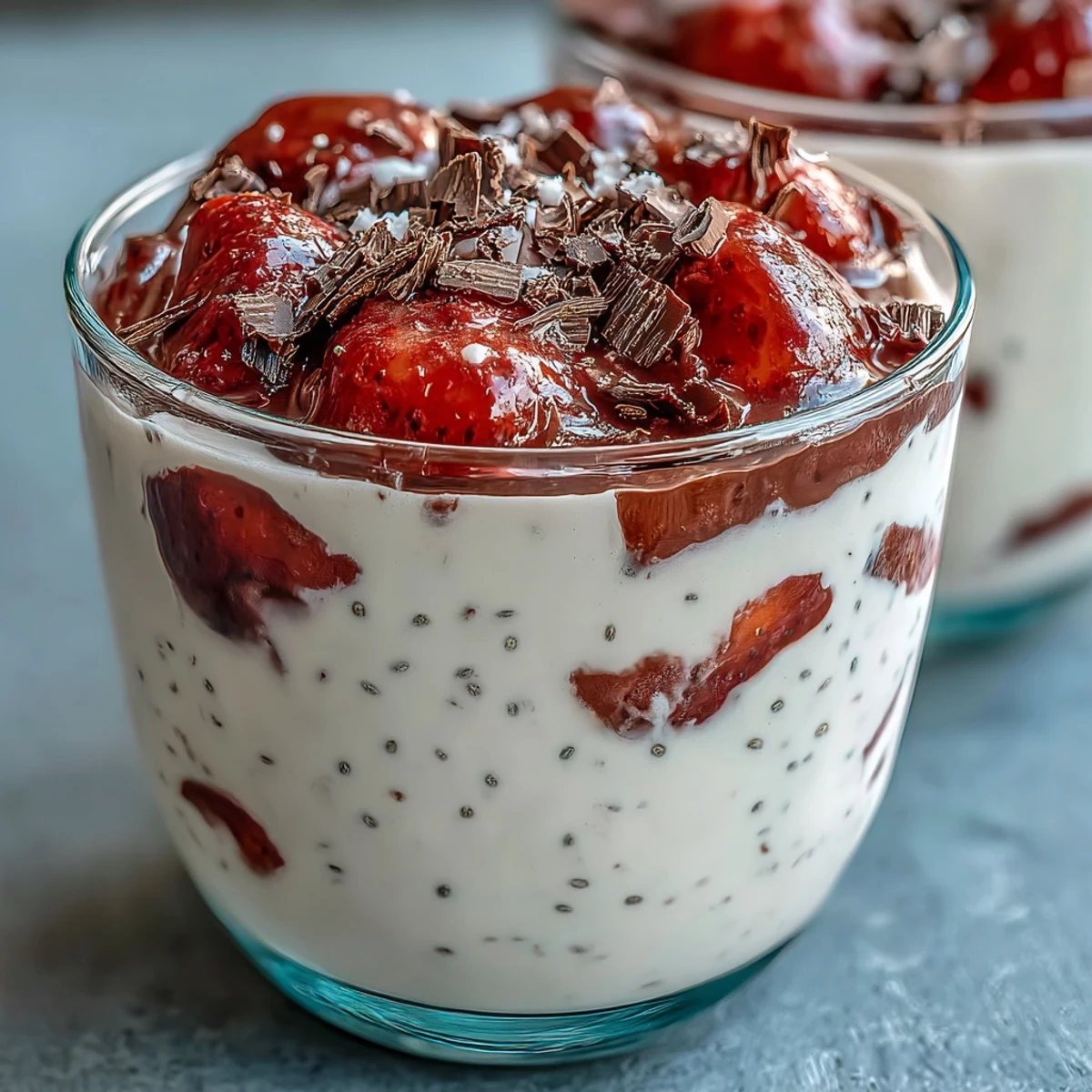 Creamy Greek yogurt chia pudding layered with sweet strawberries and finished with rich dark chocolate shavings.