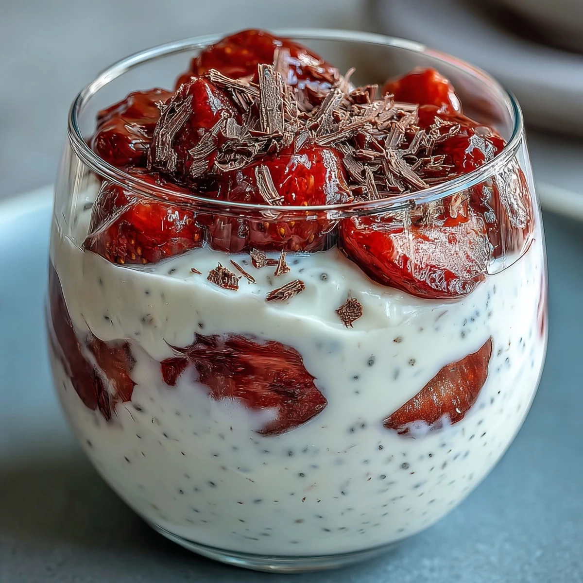 Refreshing strawberry chia pudding with yogurt, macerated berries, and dark chocolate shavings for a nutritious treat.