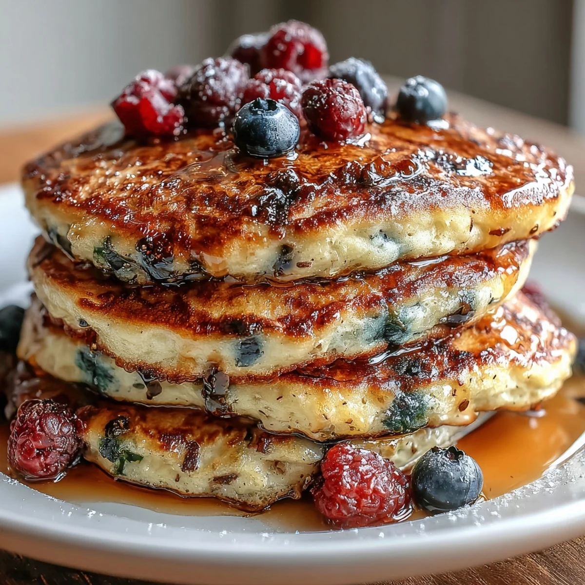 Stack of cottage cheese and berry pancakes drizzled with maple syrup, ideal for post-workout fuel or brunch.