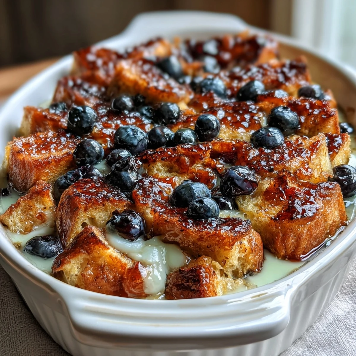 Make-ahead Blueberry Sourdough French Toast Bake baked to perfection, with layers of tangy sourdough, plump berries, and creamy vanilla custard, ready for a cozy weekend breakfast.