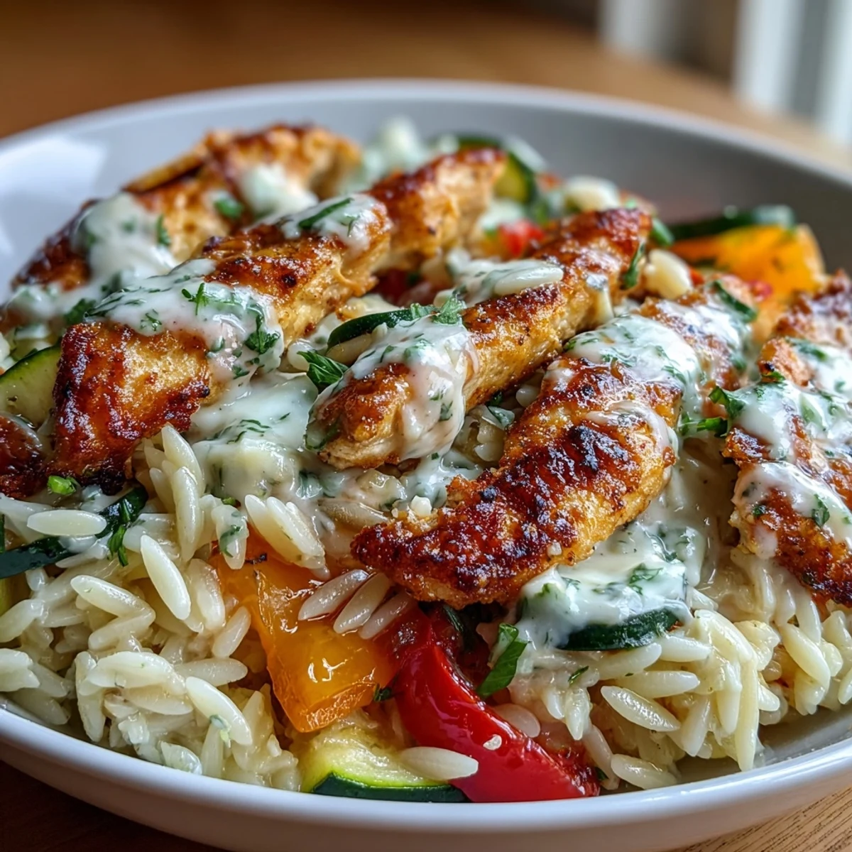 Mouthwatering Boursin Orzo Bake with tender chicken, vibrant veggies, and creamy garlic herb cheese, baked to golden perfection.