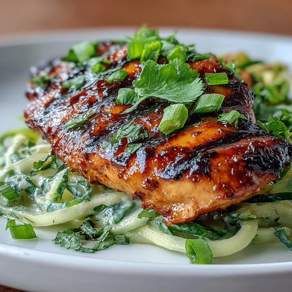 Vibrant cucumber noodle salad with chili-lime grilled chicken, fresh veggies, and zesty lime dressing for a healthy summer meal.