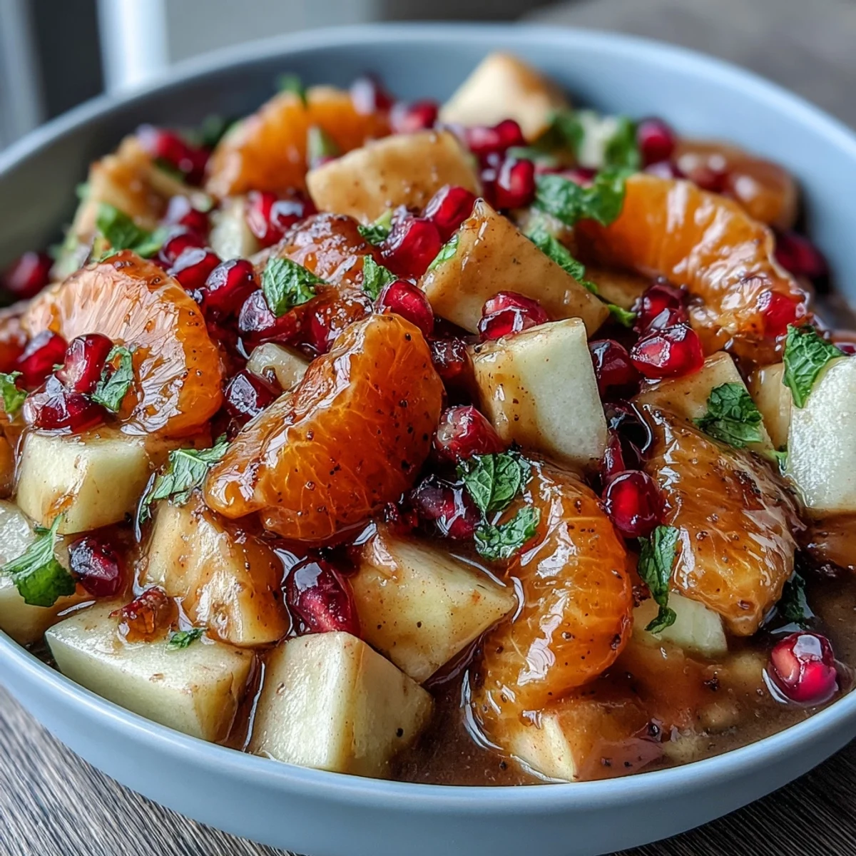 Winter fruit salad with cinnamon vanilla dressing in a white serving bowl, featuring mandarin oranges, apples, and pomegranate arils.