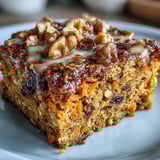 Moist and flavorful carrot cake-inspired baked oatmeal squares, packed with oats, cinnamon, and sweet maple syrup, ideal for meal prep.