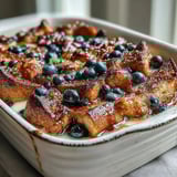 Fluffy Blueberry Sourdough French Toast Bake served warm, topped with a buttery cinnamon streusel and vibrant fresh blueberries for a sweet, tangy brunch centerpiece.