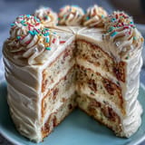 Festive Class of 2026 Confetti Cake, generously frosted with bubbly champagne buttercream.