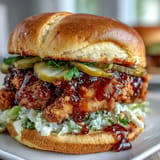 Crispy hot honey chicken sandwich, glistening with spicy glaze and fresh pickles.