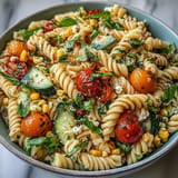 Colorful Summer Corn and Tomato Pasta Salad, tossed in a bright zesty vinaigrette.
