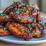 Crispy baked chicken wings coated in sweet, tangy watermelon glaze, garnished.