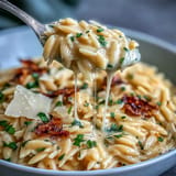 Golden Creamy Garlic Parmesan Pumpkin Orzo, rich with Parmesan and tender orzo.
