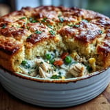 Hearty cornbread chicken pot pie casserole, a comforting baked American classic dish.