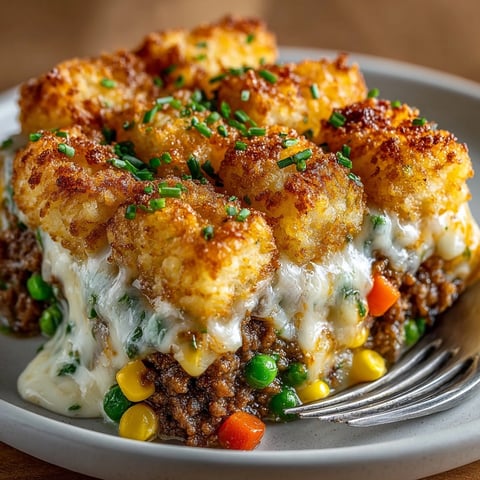 Cheesy Tater Tot Hotdish fresh from the oven with bubbling cheese and crispy tater tot topping.