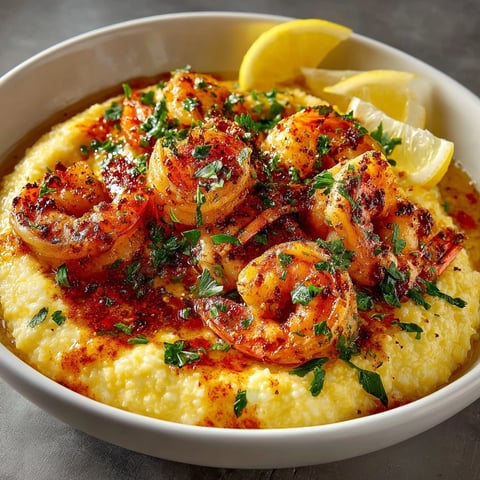 Cast-Iron Skillet Shrimp and Grits with creamy cheddar grits and savory garlic-butter shrimp